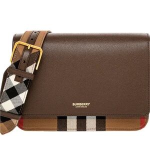 BURBERRY MACKFORD- Chocolate Brown Shoulder Bag with Check Strap